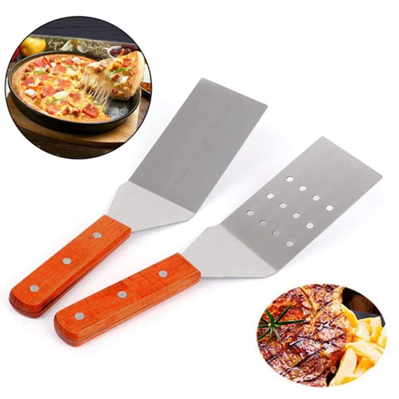 Stainless Steel Burger Spatula,Square Spatula Cooking Scraper Hamburger Turner With Wooden Handle For Barbecue, Steak