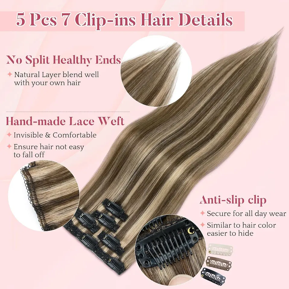 S-noilite Clip in Hair Extensions Real Human Hair 5Pcs Soft Straight Invisible Clip in Extensions 7 Clips ins for Women