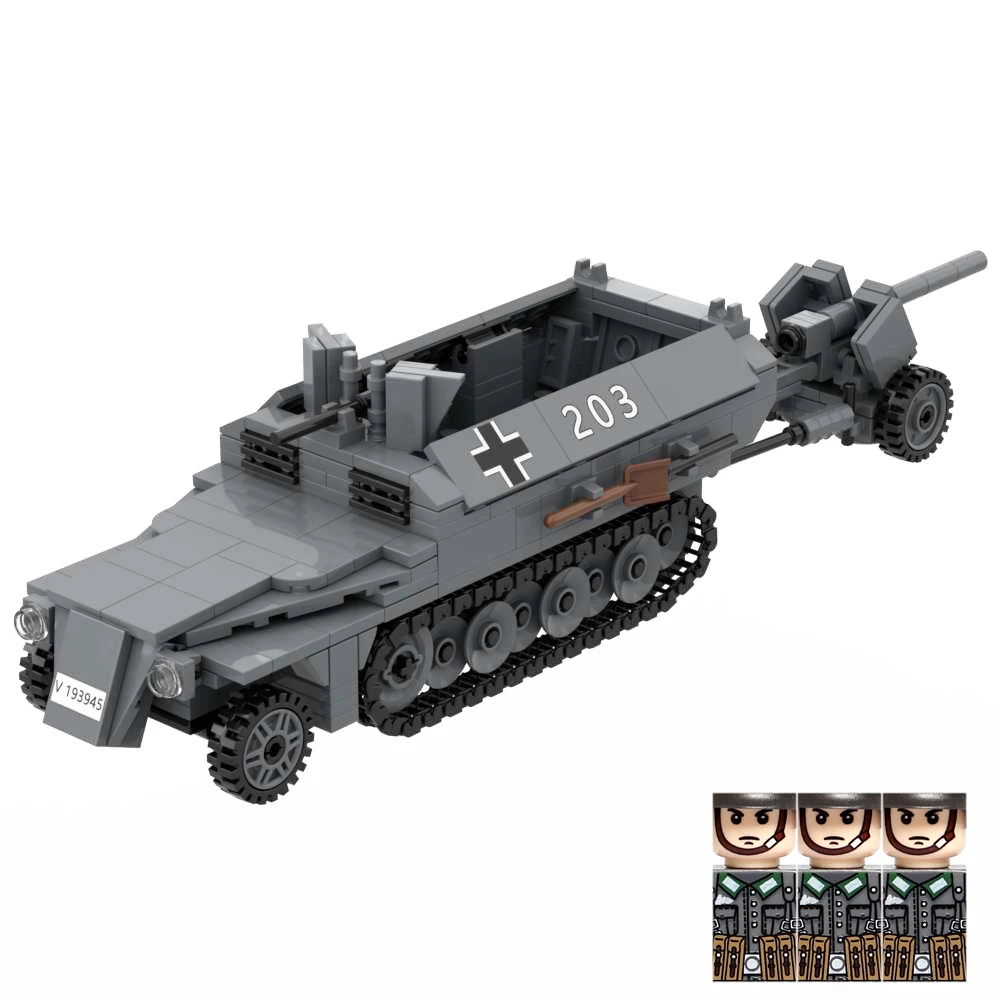 WW2 SdKfz 251 Ausf D Armored Half Track Carrier with Pak40 Anti-Tank Gun Military War Brick WWII Building Block Toy 3 Soldiers