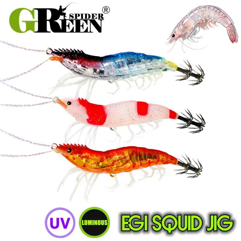 GREENSPIDER UV-Tintenfisch-Jig, harter Angelköder, Garnelen, Garnelen, leuchtender, im Dunkeln leuchtender Kunstköder, Tackle für Tintenfisch, Oktopus