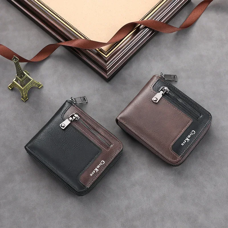 

Men's Retro Wallet Short Leather Card Bag Multi Functional Leather Wallet Double Folding Wallet Fashionable Zipper Men's Wallets
