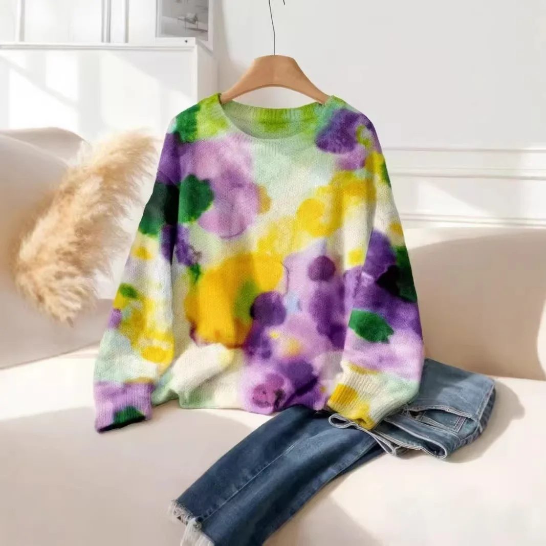 Elegant Women's Floral Print Pullover Sweater Loose Fit Round Neck Long Sleeve Soft Cozy Warm Knitwear Autumn Winter Casual Top