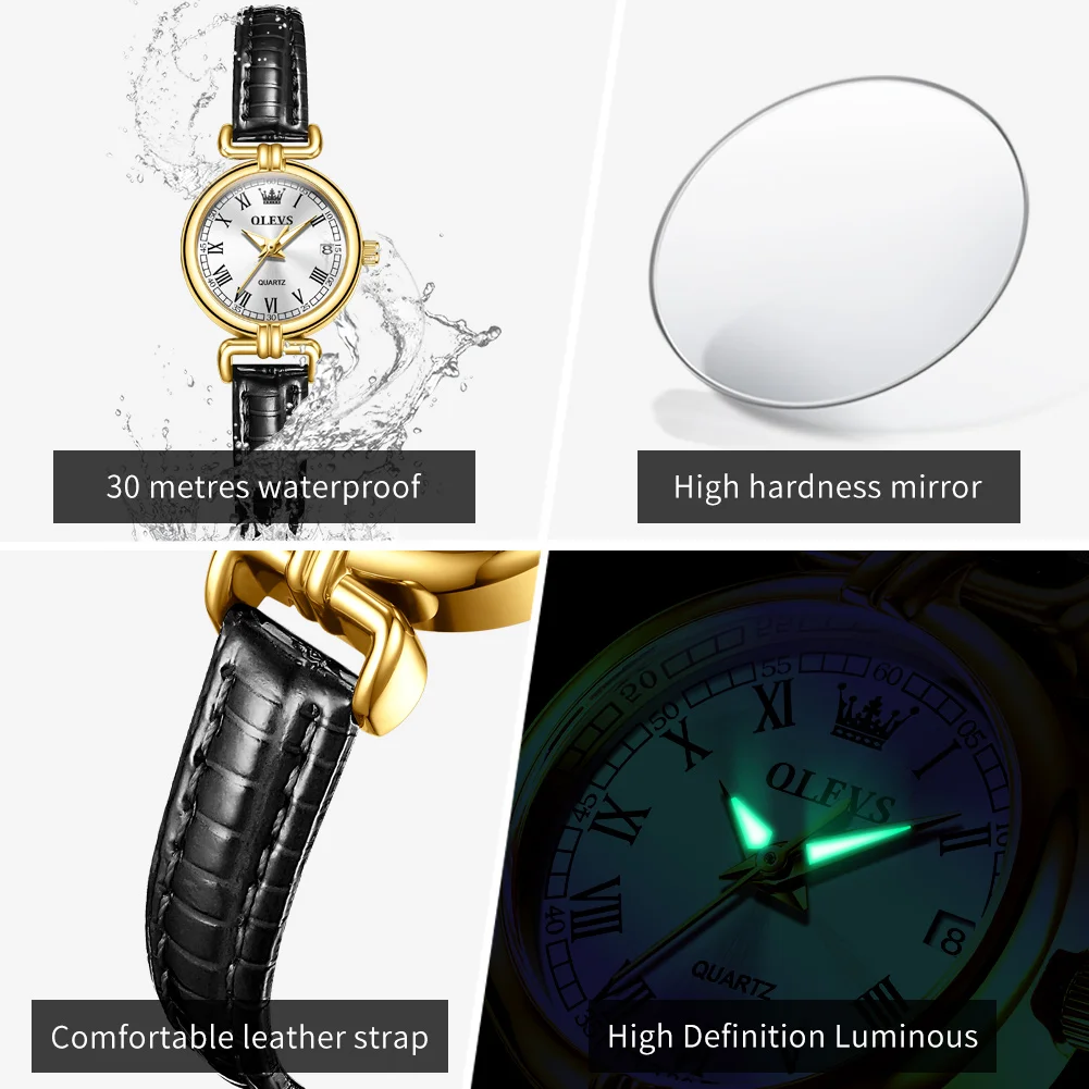 OLEVS 5645 Women's Watch Original Date Quartz Watch For Women Leather Strap Roman Scale Waterproof Elegant Ladies Wristwatch