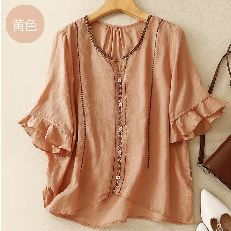 Women Summer Casual Shirt New Arrival 2024 Vintage Style O-neck Flare Sleeve Loose Female Cotton Blouses Shirts B3835