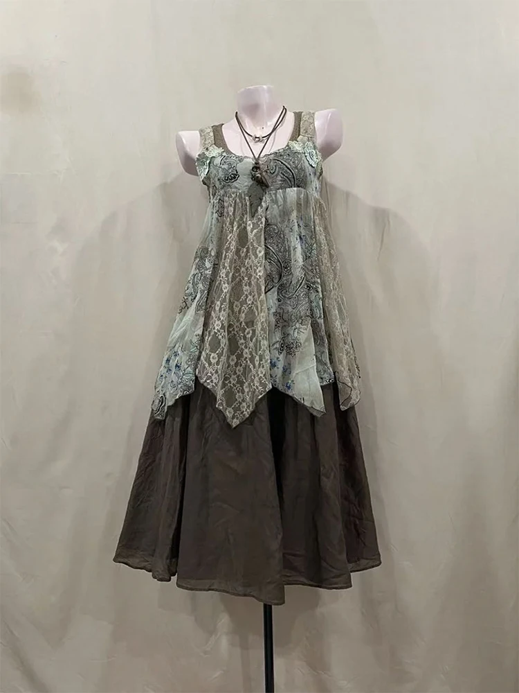 

Vintage Spliced Crop Top And Skirt Set Women's Summer Fashion Casual Wear Design Sensation Small Audience Retro Style