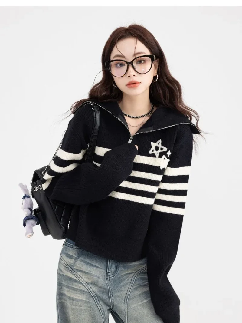 Striped Star Embroidery Knitted Pullover Women Short Sueter Mujer American Sweater Y2k Vintage Half Zipper Turn Down Collar