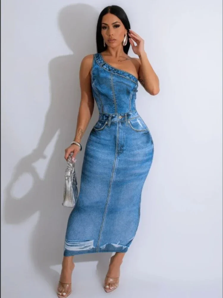 Leosoxs-Robe Longue en Jean Imprimé en 3D pour Femme, Tenue de Soirée Sexy et Mi-longue, pour Boîte de Nuit, 2024