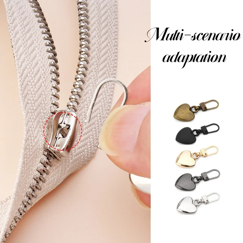 5PCS Sewing Zippers Puller Head Heart Shape Detachable Metal Zipper Slider Repair Kits For Bags Backpack Coat Zipper Pull Tab