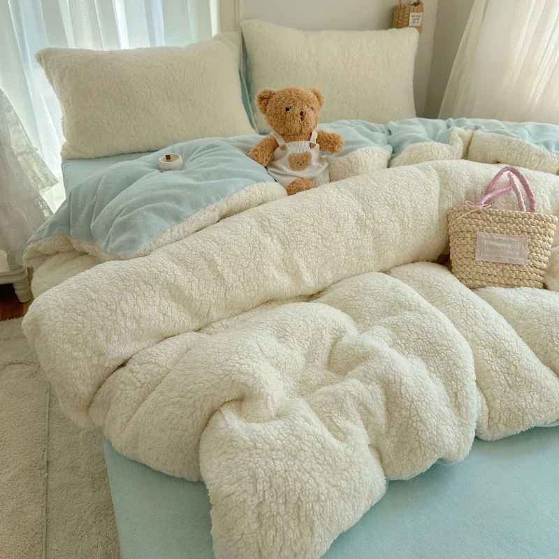 Household Dormitory Autumn Winter Bedding Set Thick Soft Lamb Fleece Warm Beddings Zipper Designed Easy To Disassemb Duvet Cover