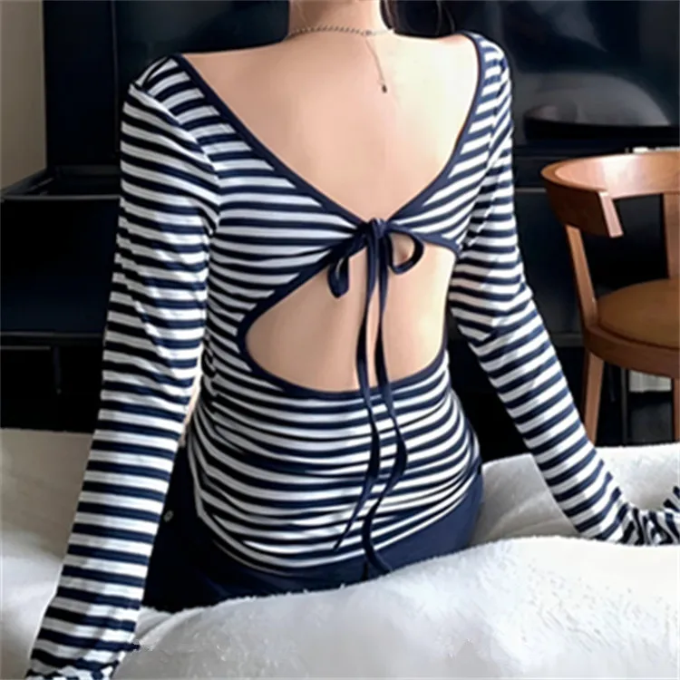 Spicy Sexy Lyocell Striped Big U-Neck Backless Slim Fit Stretch Long Sleeve Regular Shoulder T-Shirt Top Waist-Cinching Base VA