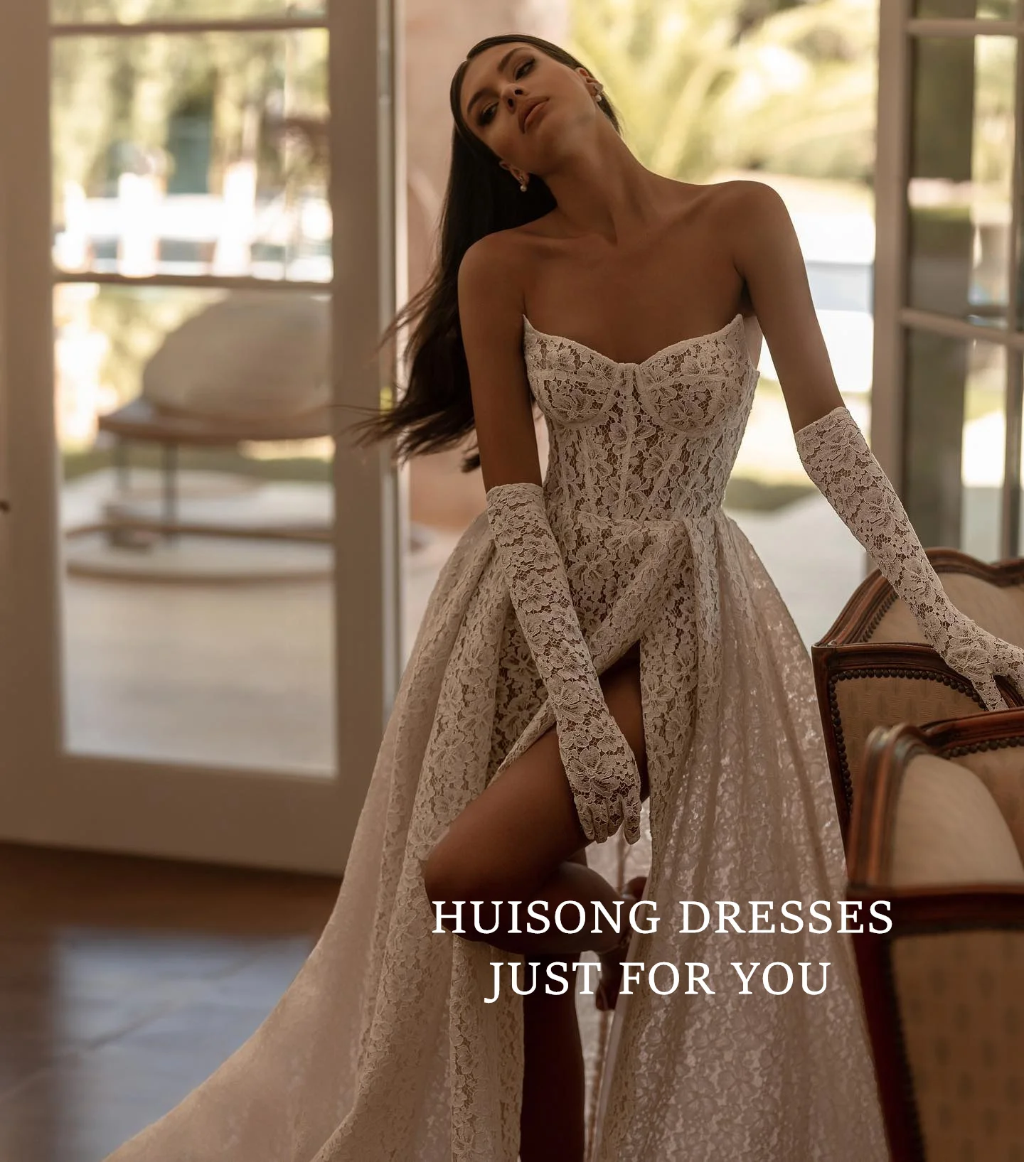 HUISONG Customized Boho Lace Appliques Wedding Dresses Sweetheart Sleeveless High Side Split A-Line Beach Bridal Gown