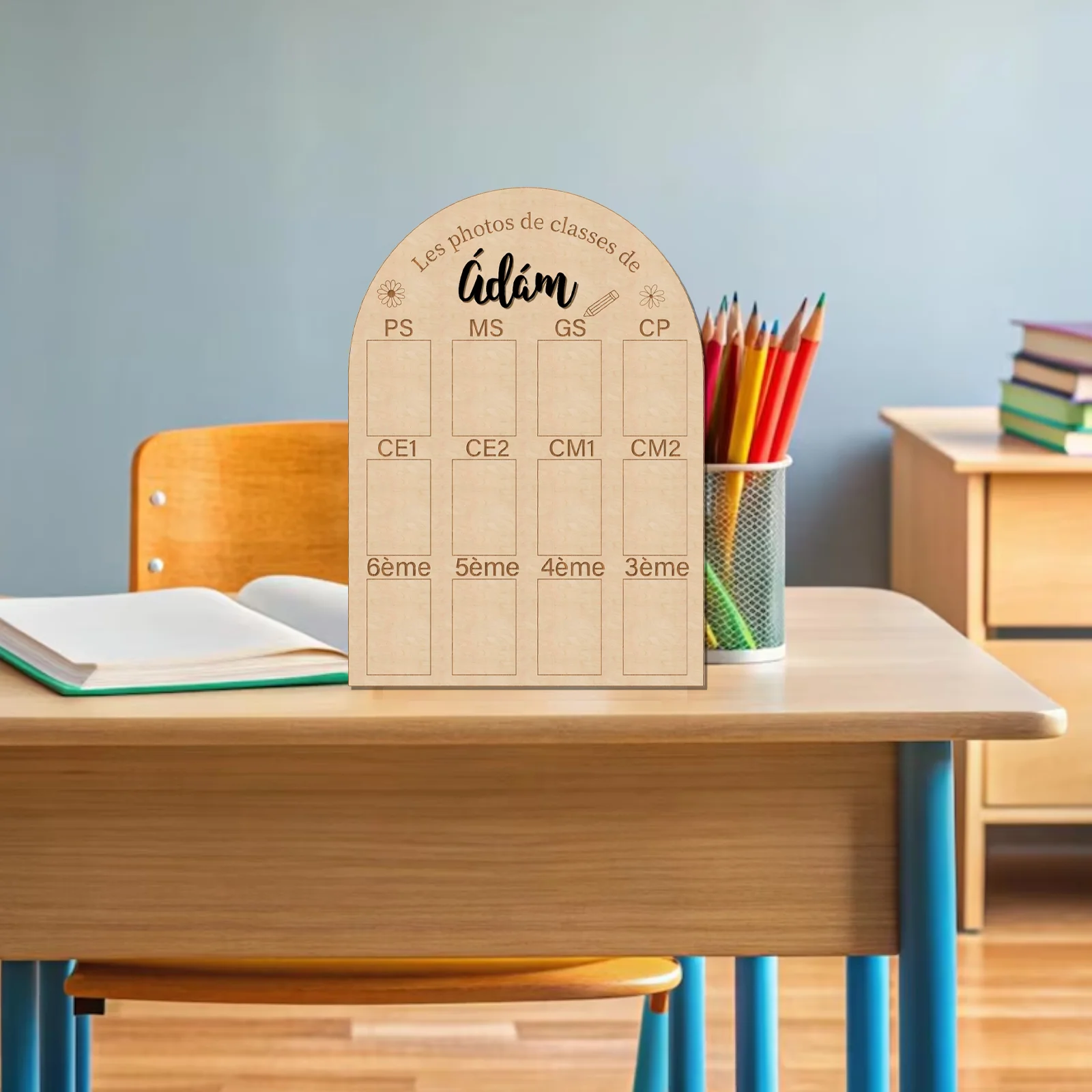 Picture 5: Personalized French School Photo Board - Wooden 29.5x21cm with 12 Slots, Custom Name like Adám, PS to 3ème, 5 Color Options
