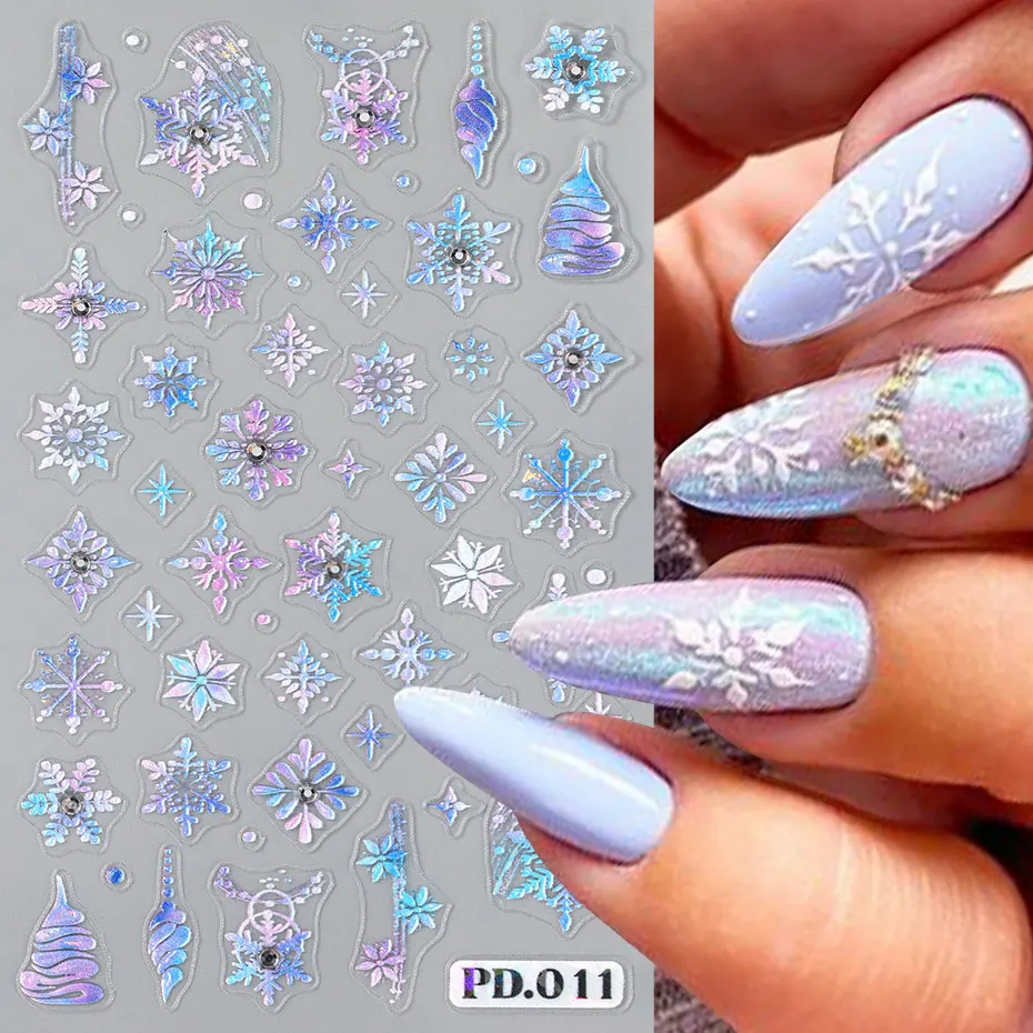 1pc 5D Dreamy Snowflake Nail Art Stickers Blue/Purple Winter Snowflake Star Laser Decals Rhinestone Foils Sliders Manicure Decor