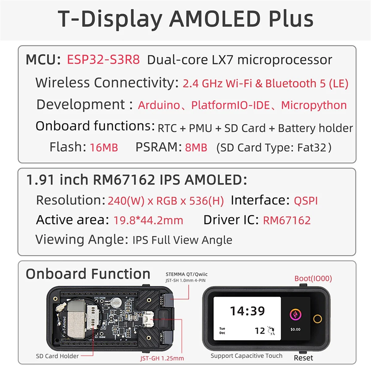 AB01 T-Display AMOLED PLUS ESP32-S3 Development Board 1.91 Inch AMOLED Screen Wi-Fi Bluetooth 5 Module Support IoT Projects