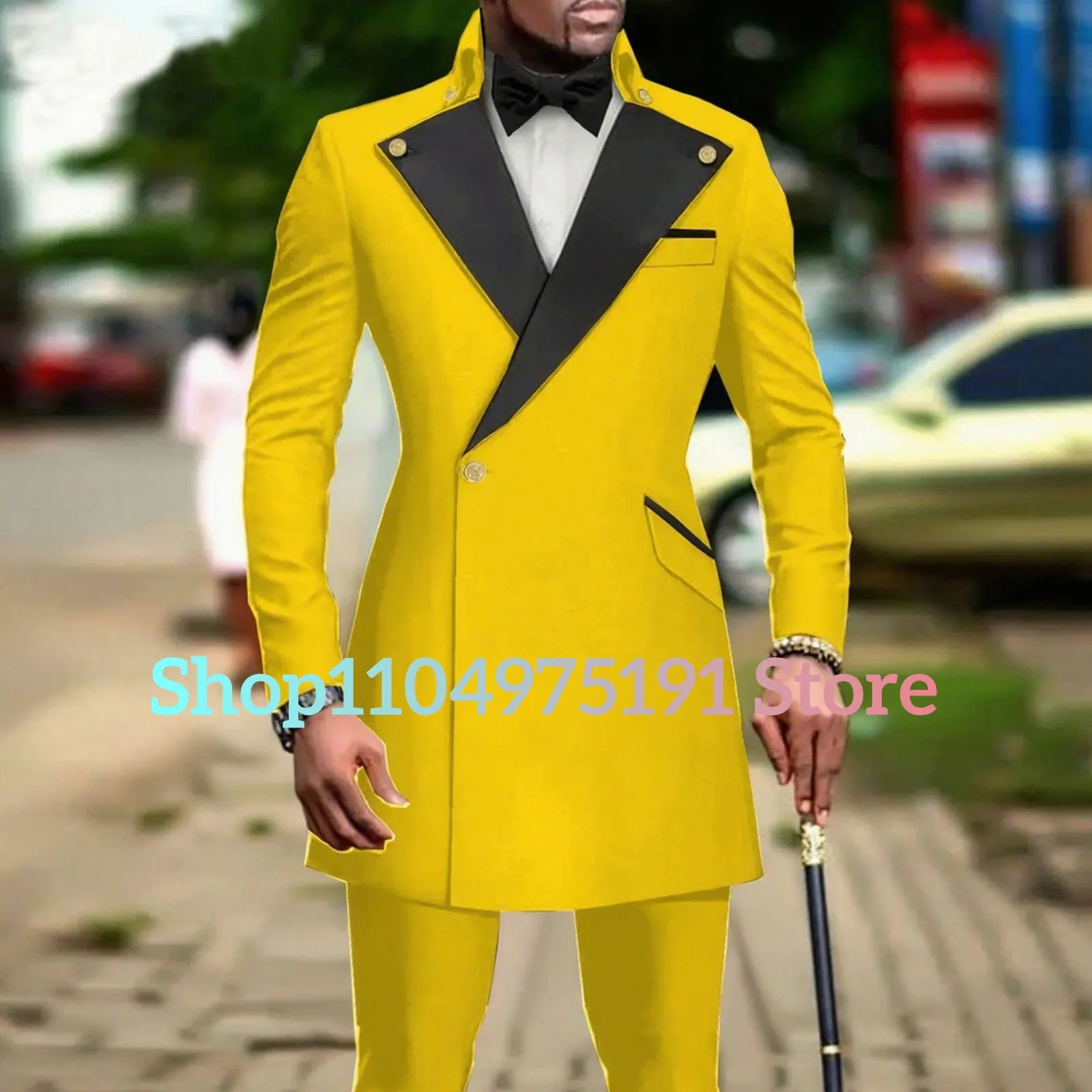 Fashion Double Breasted Long Blazer Men Suit 2 Piece Groomsmen Peak Lapel Outfits Formal Party Prom Wedding Set Suits For Men 