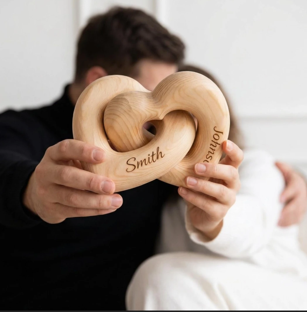 Personalized Anniversary Gift for Her or Him, Infinity Heart with Couple Names, Custom Engraved Wooden Keepsake