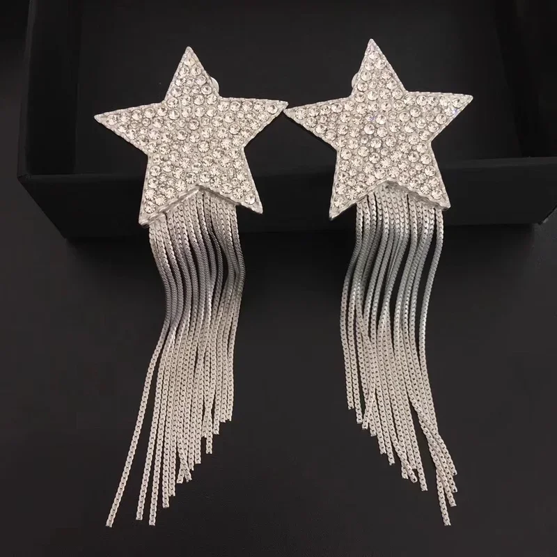 Europe and the United States exquisite five-pointed star fringe crystal earrings ear clip