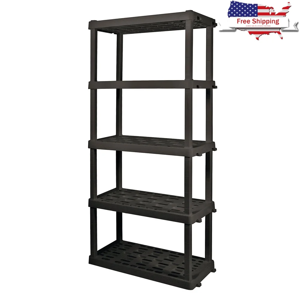 5-Tier Heavy Duty Plastic Shelving Unit Tool-Free Assembly Garage Storage Rack 750 lb Total Capacity Interlocking Design