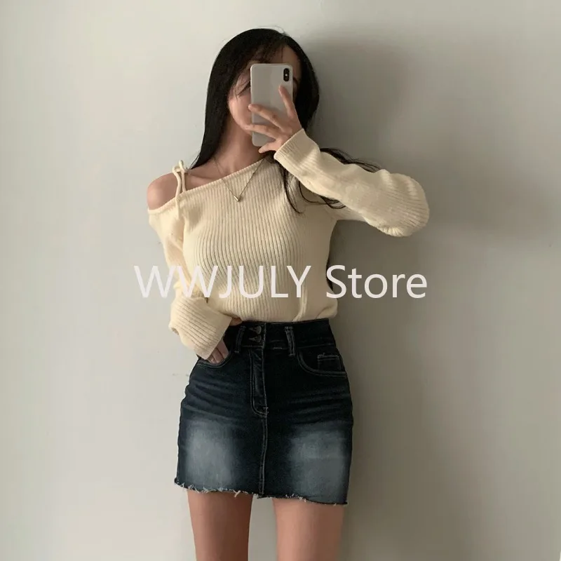 New Sweater Women Clothing Irregular Skew Collar Long Sleeve Chic Pull Femme Korean Bandage Jumper Casual Knitted Pullovers