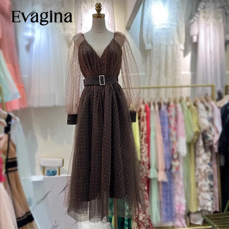 

Evagina New Fashion Runway Designer Women's V-Neck Sheer Long Sleeved Detachable Waistband Polka Dot Printed Dress