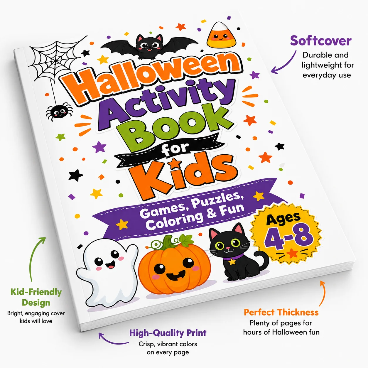 Halloween Activity Book for Kids Ages 4‑8: Games, Puzzles & Coloring Pages, Fun Halloween Holiday Activity Workbook for Boys and