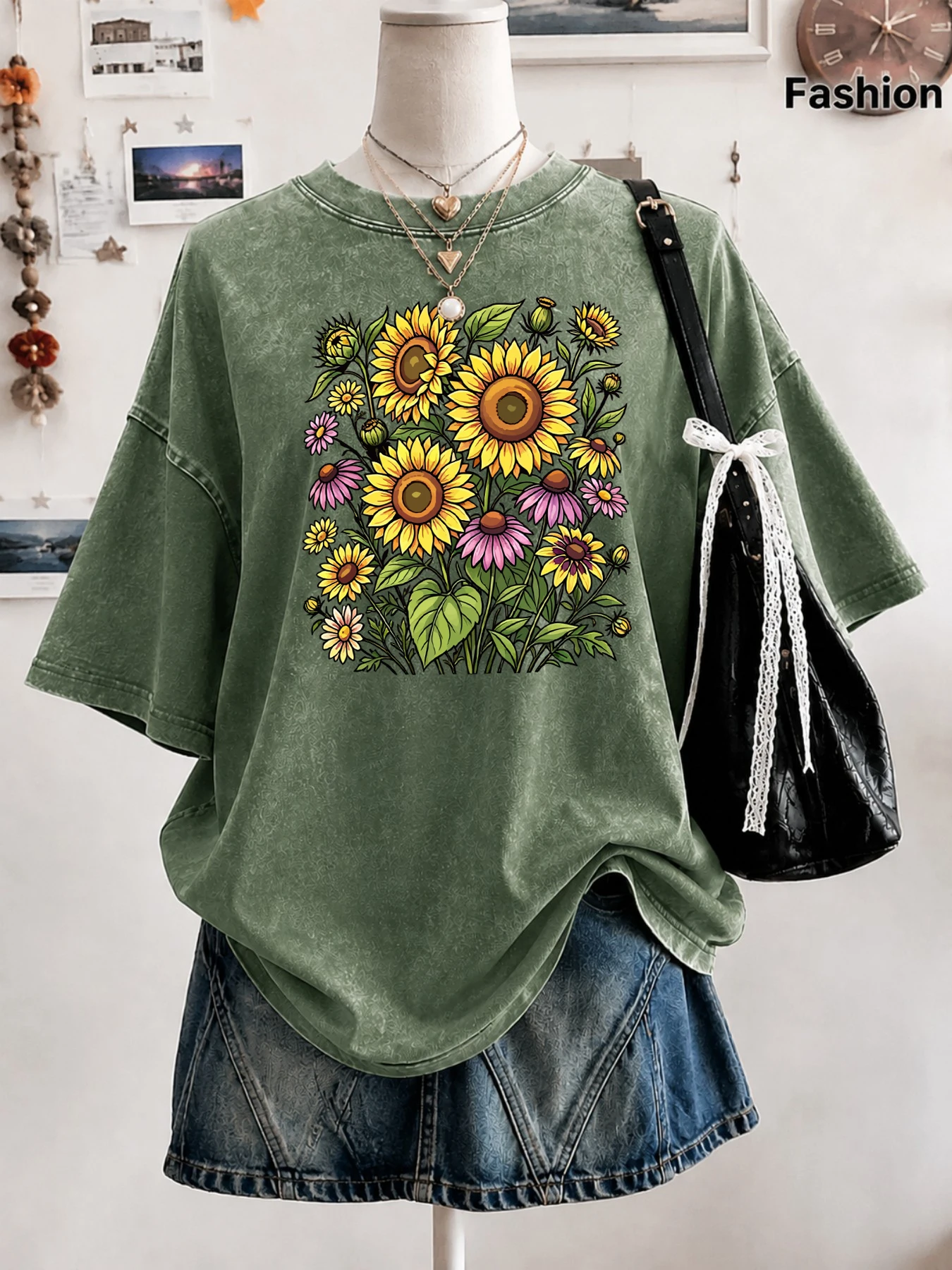 Sunflower Wildflower Botanical Blooms Print Women'S Washed T-Shirt Cotton Summer Short Sleeves Loose Crewneck Top Y2K Streetwear