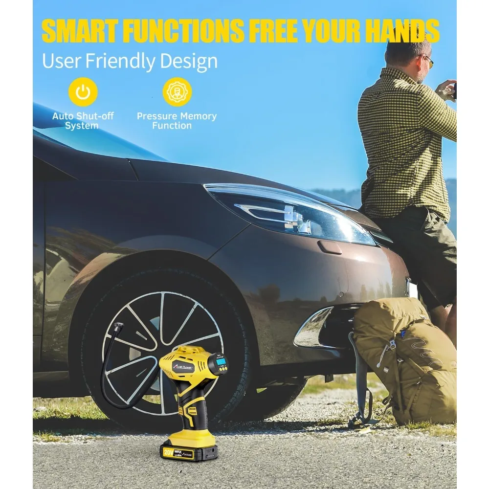 AVID POWER منفاخ إطارات لاسلكي ضاغط هواء محمول، مضخة إطارات سيارة تعمل ببطارية قابلة لإعادة الشحن 20 فولت مع محول تيار مستمر 12 فولت،