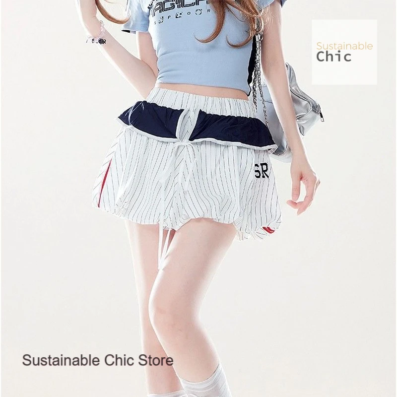 

French contrast strap striped sports skirt girls' summer new casual college style letter embroidery A-shaped flower bud skirt