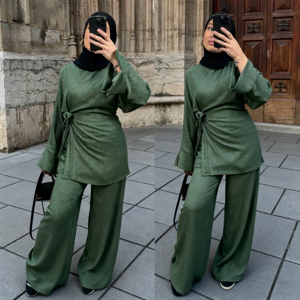 ชุดสตรีชาวมุสลิม เสื้อคลุมผ้าลูกไม้ กางเกงขายาวทรงกว้าง ชุดสำหรับวันอีด รอมฎอน สไตล์โมร็อกโก ดูไบ ชุดแบบอาหรับ เรียบร้อย ชุดสองชิ้น