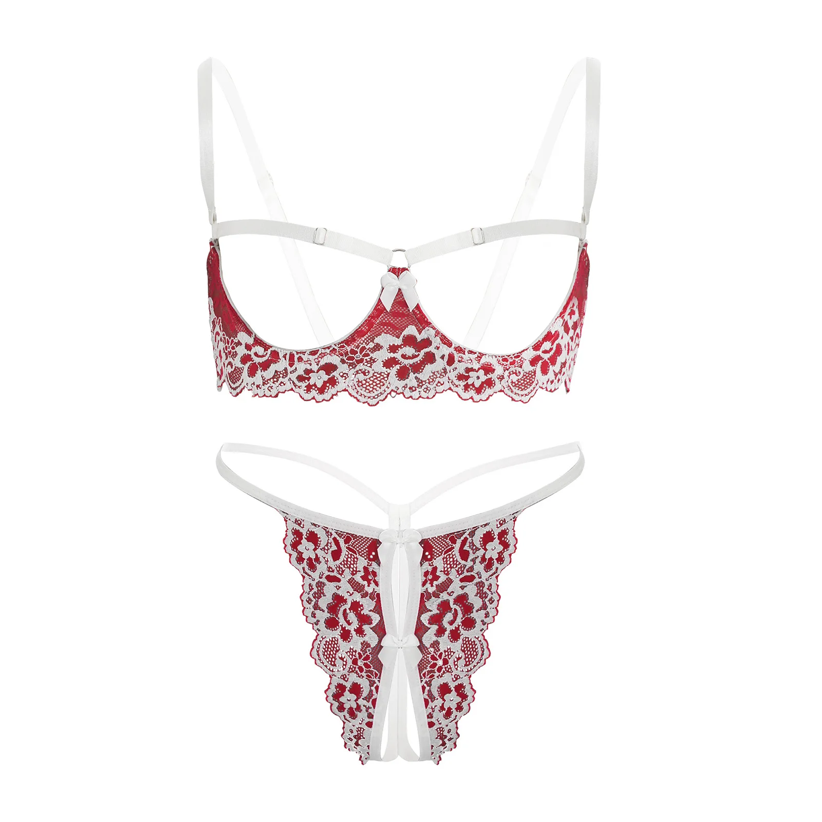 

Women Sexy Lace Bikini Lingerie Set Opening Cup Underwire Bra Top with T-back G-string Thong Spicy Exotic Underwear Nightwear