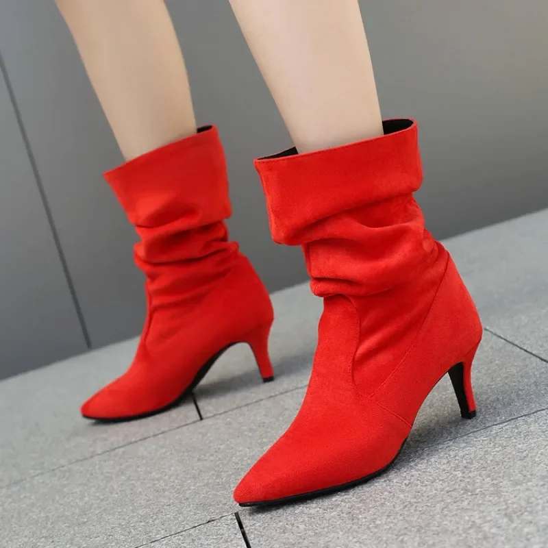 

2024 Imitation Suede Leather Calf Boots 32-48 Pleated 6cm Slim Heel Autumn Short Boot Net Fashionable Brown Pointed Toe Boots