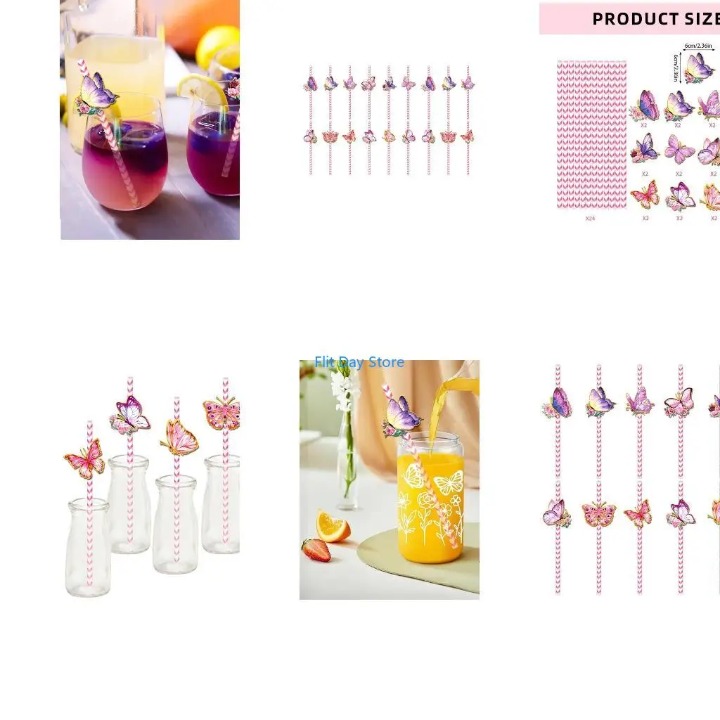 F92C 24pcs Butterfly Themed Drinking Straw Decorative Biodegradable Stripe Paper Straw for Gatherings Party Supplies