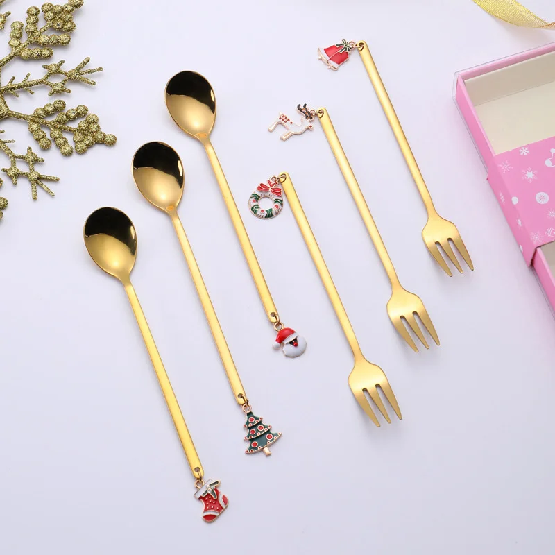 Stainless Steel Cutlery Set 6pcs Christmas Children's Gift Box With Xmas Pendant, Dessert & Fruit Forks, Coffee Spoon -