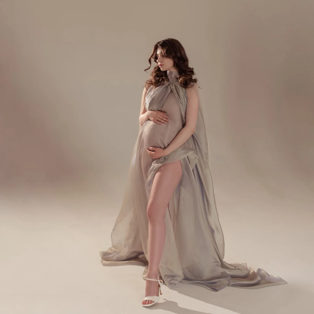 Elegant High Neck Maternity Photography Props Sheer Organza Pregnant Photo Shoot Clothes Studio Posing Gown Wrap view 3