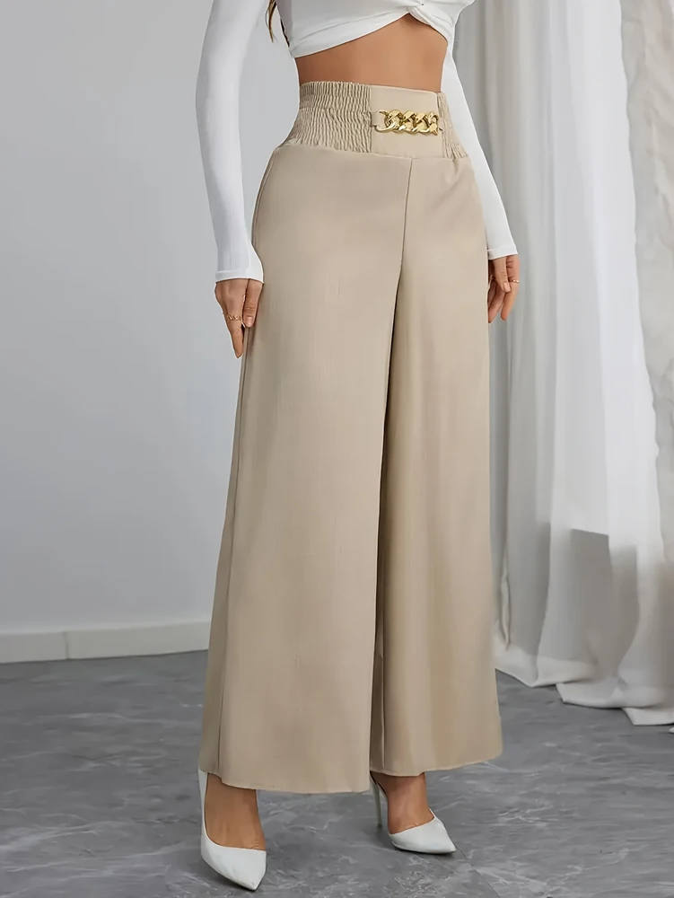 Plus Size Women's Casual Wide Leg Pants - Oversize fit, Drawstring Waist, Polyester Blend Suitable For Beach Or Casual Attire