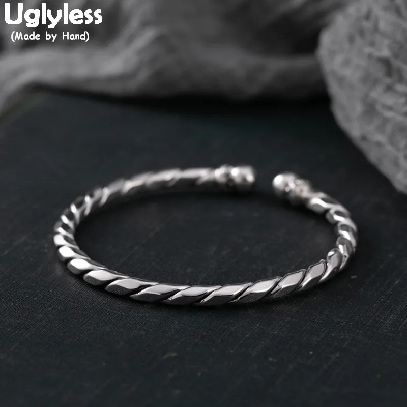 

Uglyless Lovers Minimalist Jewelry Real 999 Silver Twist Spiral Bangles Unisex Men Women Open Bangle Glossy Silver Neutral Jewel