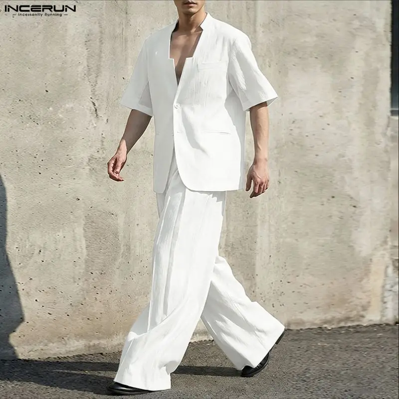INCERUN Men Sets Solid V Neck Short Sleeve Blazer & Pants 2 Piece Sets Streetwear Men Clothing 2026 Loose Fashion Men Suits view 3