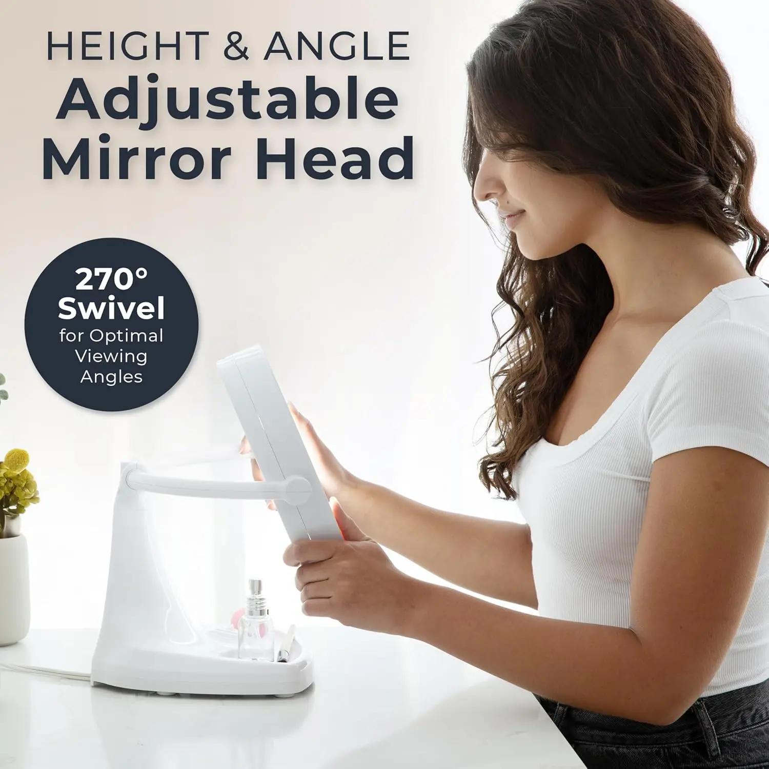 مرآة مكياج مضاءة فلورية لامعة مقاس 11 بوصة مع تكبير 10X/1X، مرآة مكياج خفيفة برأس دوارة، باللون الأبيض