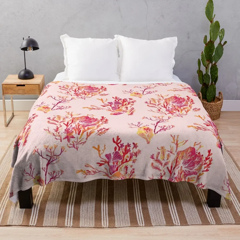 

Coral Print in Pink Throw Blanket Bed linens Thin Flannel Fabric Blankets