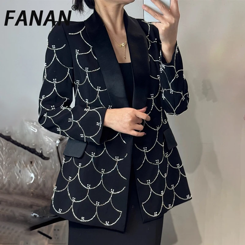 

FANAN High End Sequin Design Blazers For Women Single Button Elegant Coats Temperament Female Jackets 2025 Autumn New Clothing