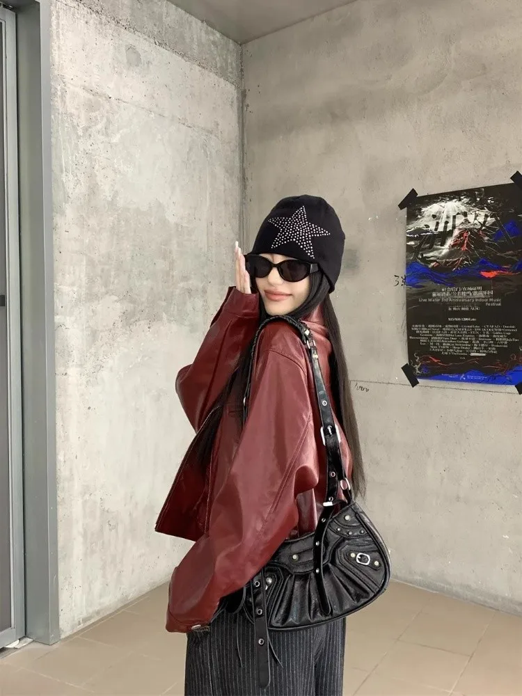 American Retro Red Lapel Leather Jacket Women's High-End Loose Fit Short Style Cool Sweet Autumn New Arrival Top