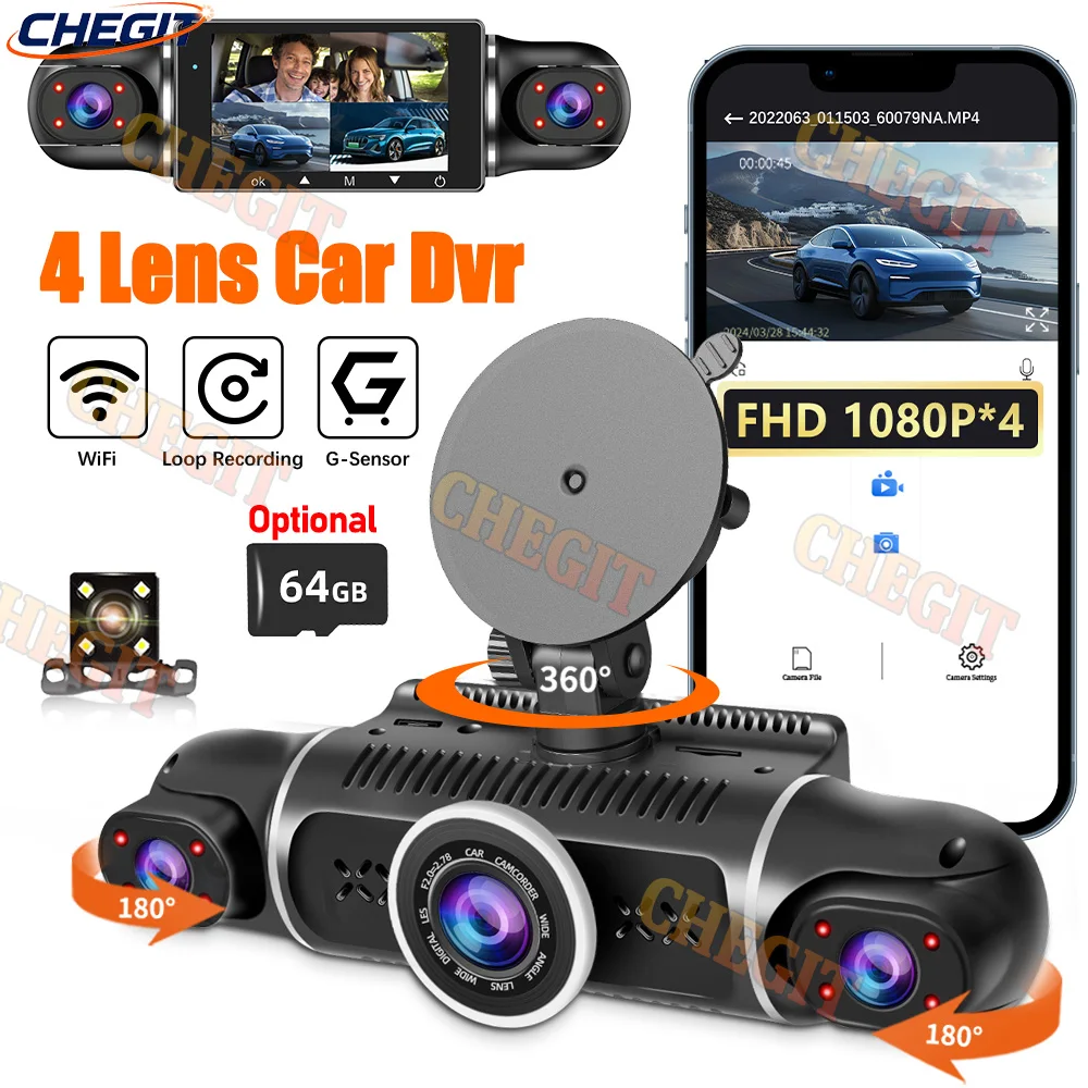 

360° 4 Channel WIFI 1080P Dash Cam for Cars Video Recorder Front and Rear View Camera Car DVR 24H Hardware Kit Car Assecories