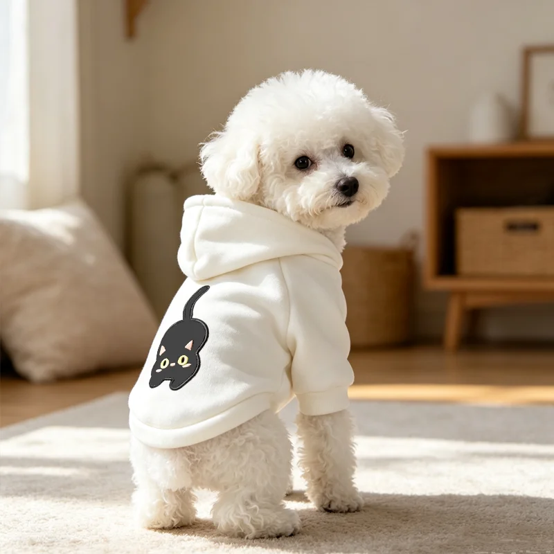 Cute Black Cat Graphic Print Dog Hoodie Soft Warm Pet Sweatshirt Casual Pullover Outfit Costume For Small Medium Teddy Bichon
