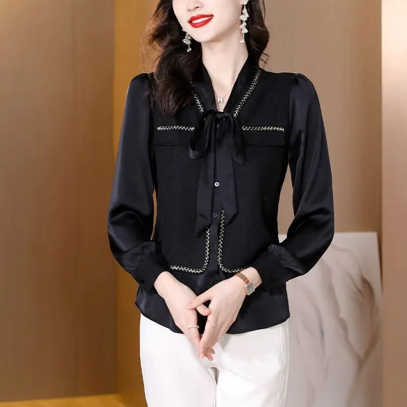 Commute V-Neck Fashion Bow Shirt Female Clothing Single-breasted Spring Autumn Patchwork Long Sleeve Korean Solid Color Blouse