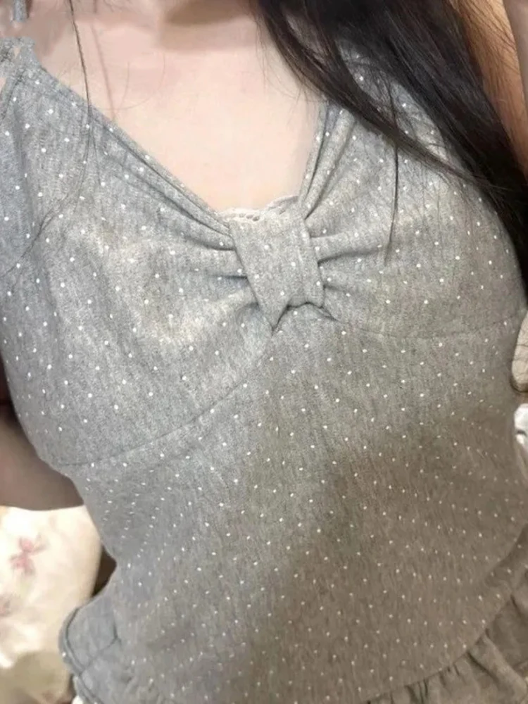 Cinza polka dot halter colete feminino vintage y2k estética decote em v fino ajuste plissado tanques doce outerwear picante menina colheita topo