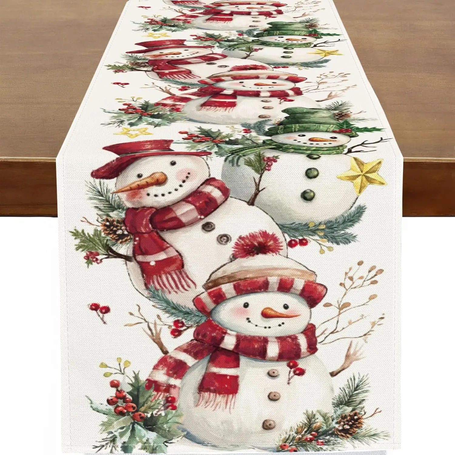 Christmas Snowman Pine Needle Linen Table Runner Party Decor Reusable Xmas Kitchen Dining Table Runner Christmas Decorations
