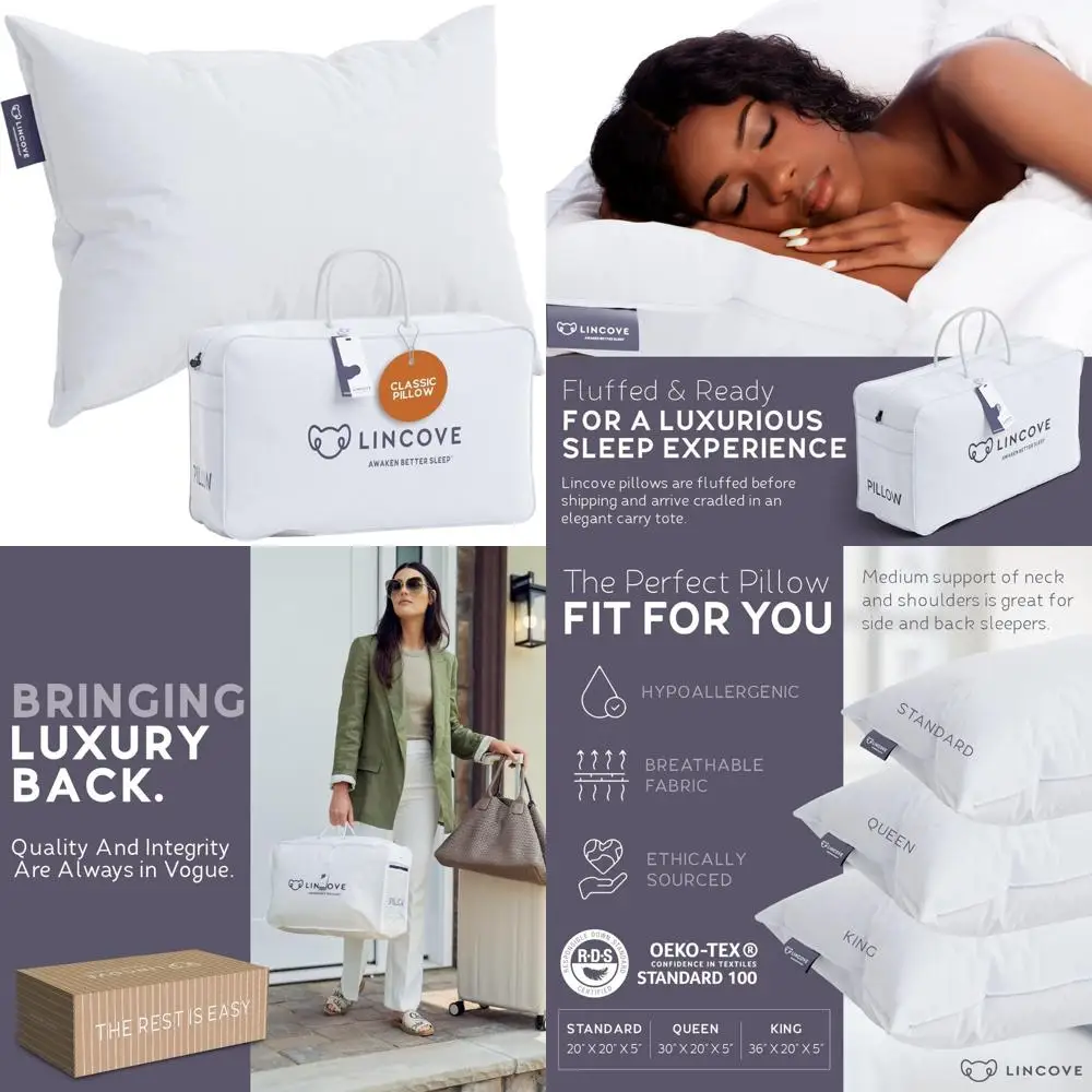 

Роскошные подушки из пуха и перьев от коллекции Lincove Hotel — плюшевые, гипоаллергенные, идеально подходят для комфорта шеи и спины