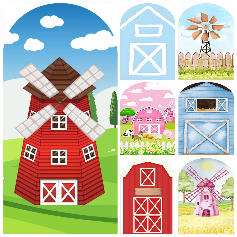 

Mehofond Red Barn Arched Wall Background Farm Filed Brown Cow Baby Kids Birthday Cover Windmill Truck Backdrops Photo Studio