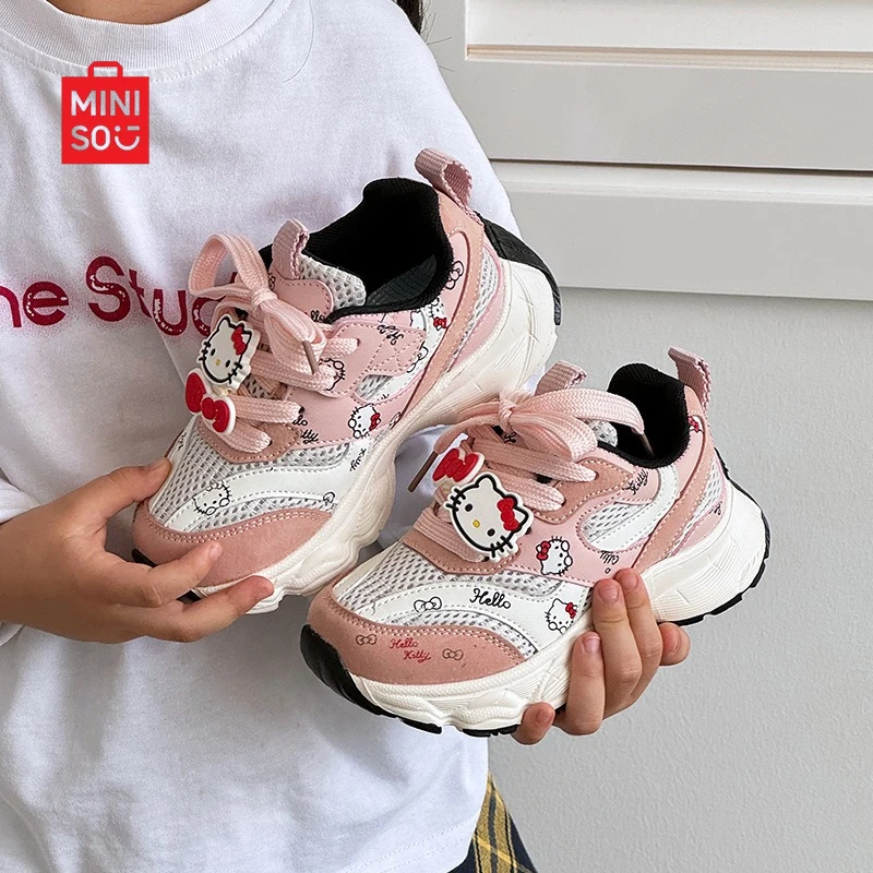 

Miniso 2025 кроссовки Hello Kitty для девочек, повседневная обувь на сетчатой платформе для детей, мода для бега на открытом воздухе