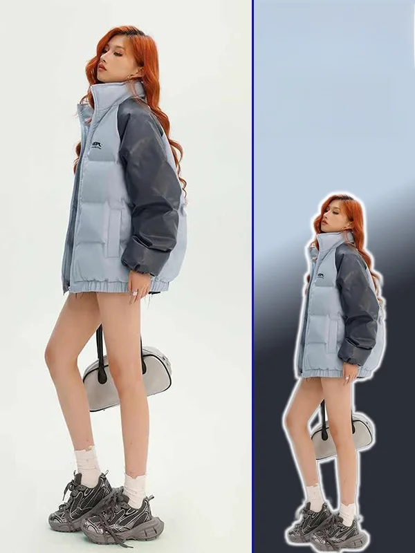 

Женская теплая зимняя куртка-пуховик большого размера в американском стиле с воротником-стойкой, в стиле пэчворк, с цветными блоками, из хлопка, свободного кроя